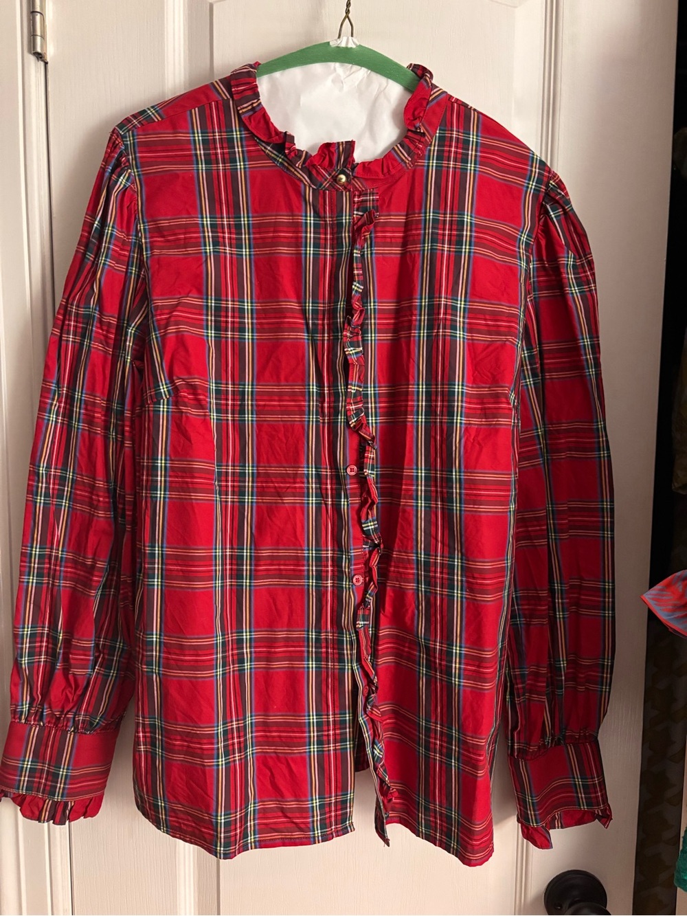 Womenβs Red Plaid Ruffle Button-Down Shirt